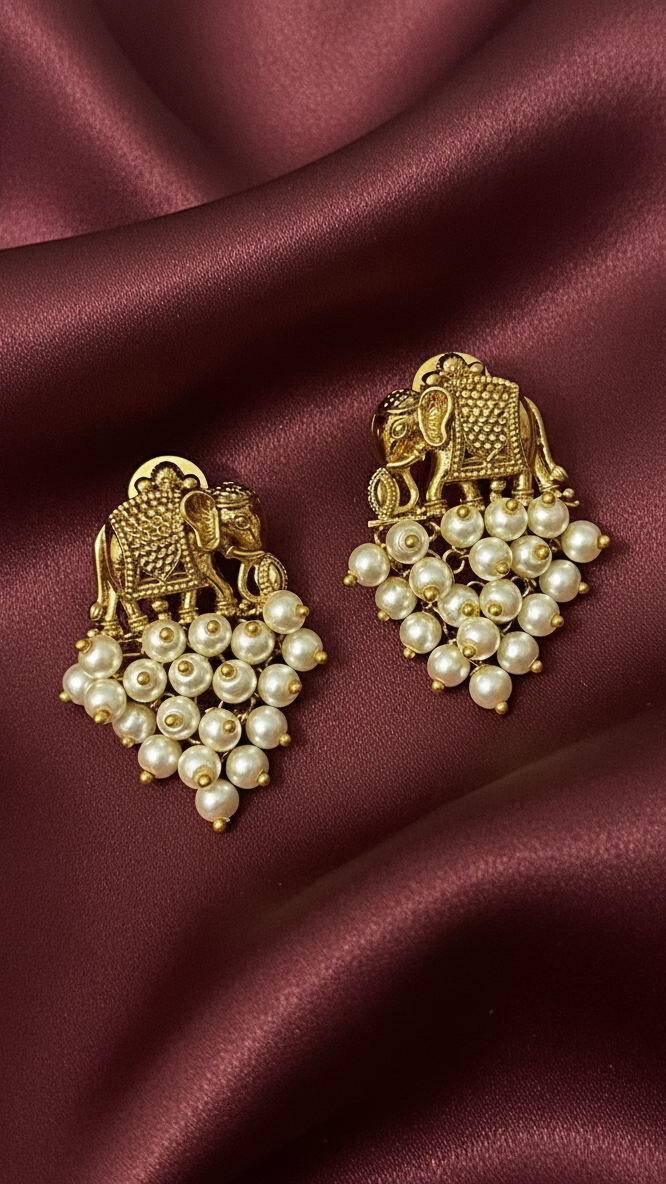 Antique Gold Elephant & Pearl Earrings