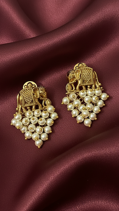Antique Gold Elephant & Pearl Earrings