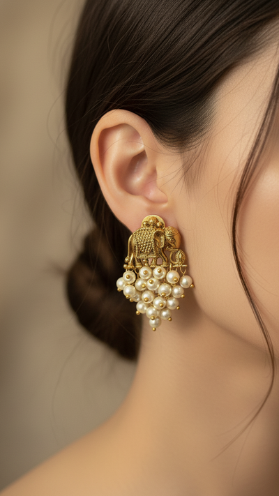 Antique Gold Elephant & Pearl Earrings