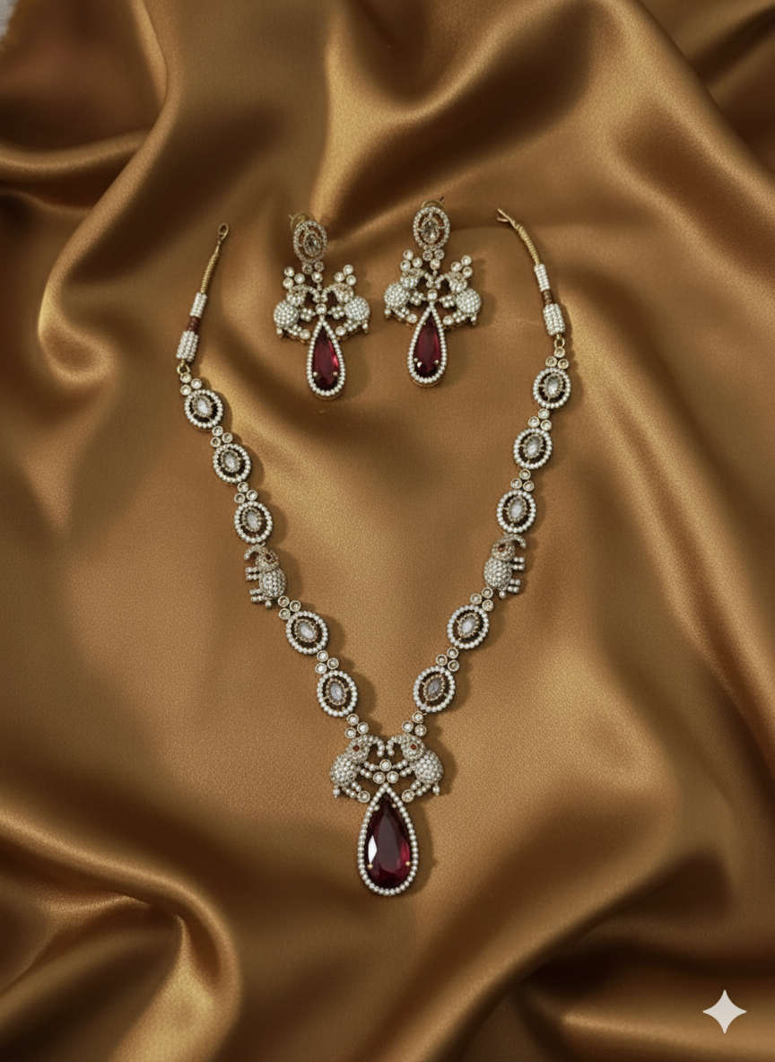 Elegant Ruby Drop Pendant Necklace Set