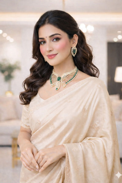 Woman in a beige saree with jewelry indoors